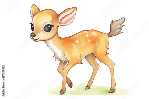 Watercolor sketch illustration of an adorable tiny kawaii baby deer  children s book illustration  white background