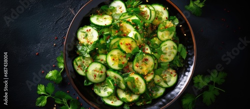 Chinese cucumber salad with coriander in a black bowl, viewed from above. photo
