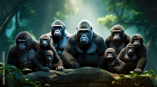 Gorillas family portrait in african wild nature. Postproducted generative AI illustration. 