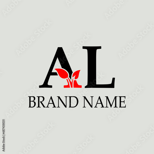 AL letters eco logo with leaf. Vector typeface for nature posters, eco friendly emblem, vegan identity, herbal and botanical cards etc.