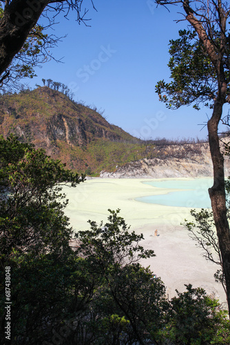 White Crater or Kawah Putih, a volcanic sulfur crater lake in a caldera in Ciwidey, West Java, Indonesia.