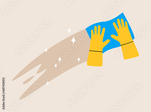 Hands wipes the surface with a cloth. Cleaning service concept. Colorful vector illustration