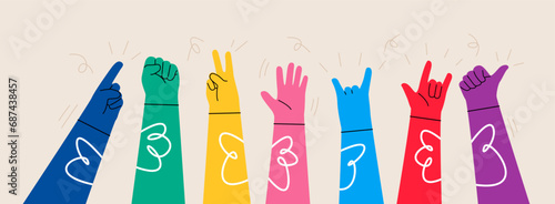 Different color human hands greeting and waving, party, sales concept for advertising. Colorful vector illustration