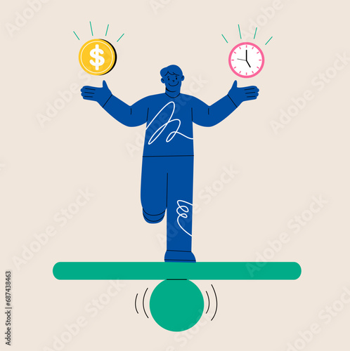 Smiling man find balance between dollar coin and clock. Time and money balance. Colorful vector illustration