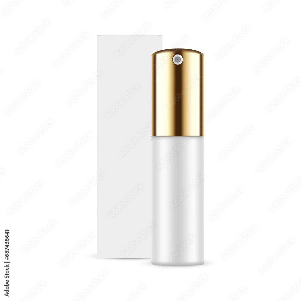Blank Cosmetic Spray Bottle With Golden Cap, Paper Box, Front View, Vector Illustration Blank Cosmetic Spray Bottle With Golden Cap, Paper Box, Front View, Vector Illustration