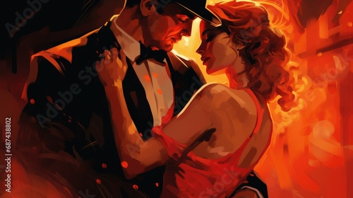 Beautiful couple dance passionate Latino American tango. Young dancers perform professional show. Choreography performers red art illustration. Romantic emotional movement. Stylish passion partners.
