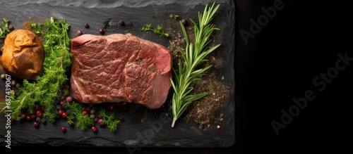 Close-up of a rustic black board presenting cooked beef tongue with herbs