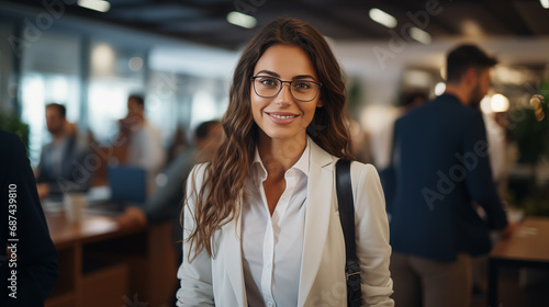 A beautiful professional woman in glasses with a smile standing in the office environment 