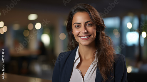 A beautiful professional woman with a smile standing in the office environment 