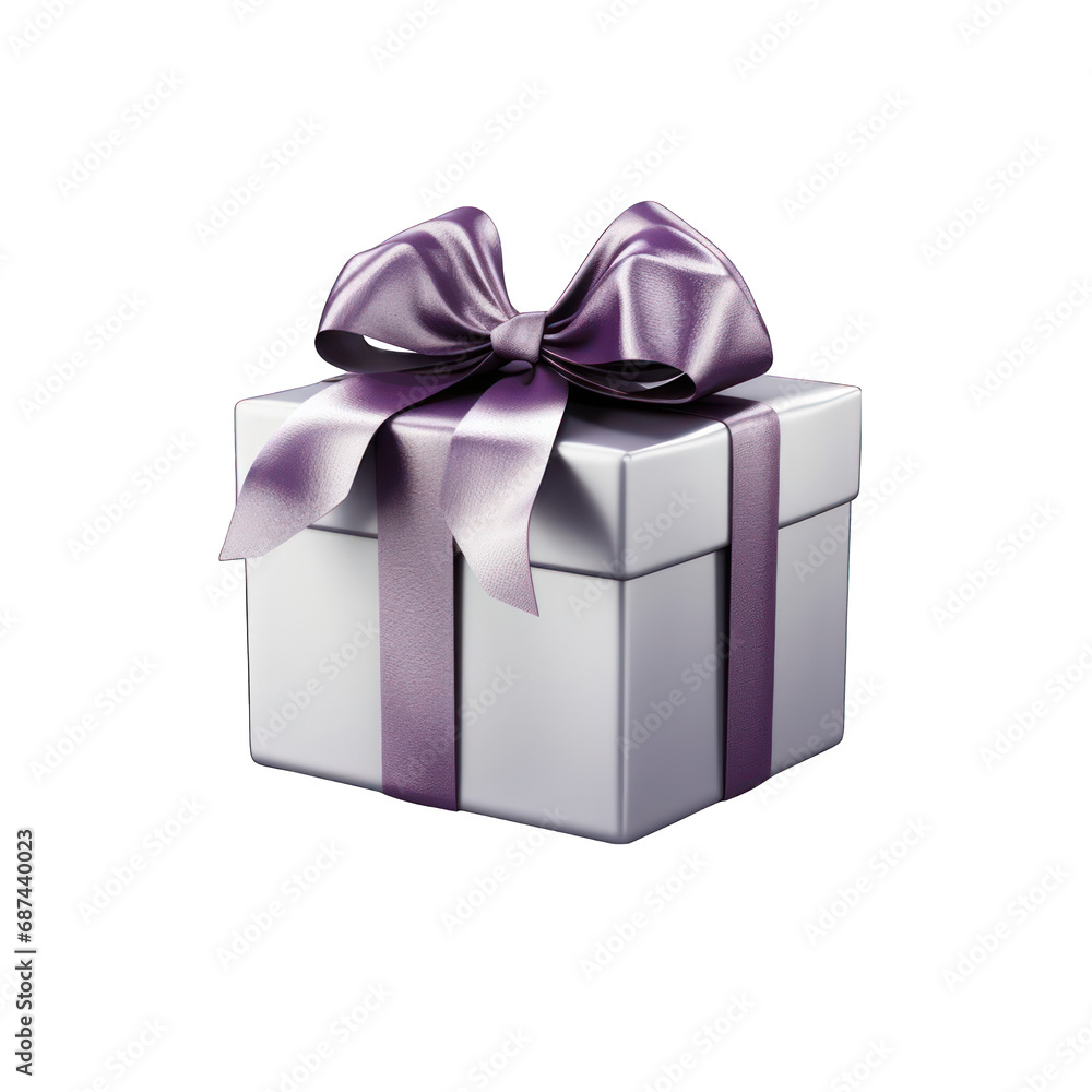 Silver Gift Box with Purple Bow Isolated on Transparent or White Background, PNG Silver Gift Box with Purple Bow Isolated on Transparent or White Background, PNG