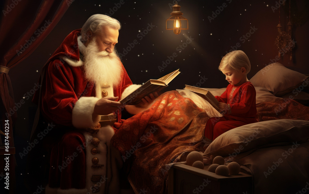 Saint Nicholas came to visit a little boy with a book, fairy-tale atmosphere AI Saint Nicholas came to visit a little boy with a book, fairy-tale atmosphere AI