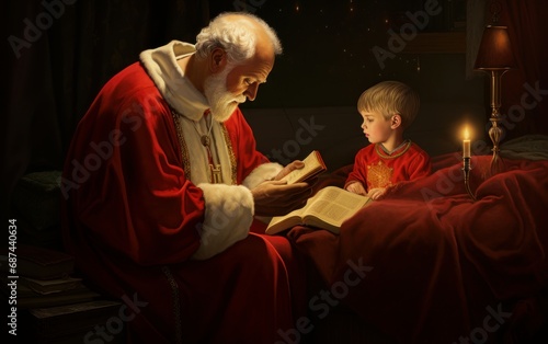 Saint Nicholas came to visit a little boy with a book, fairy-tale atmosphere AI