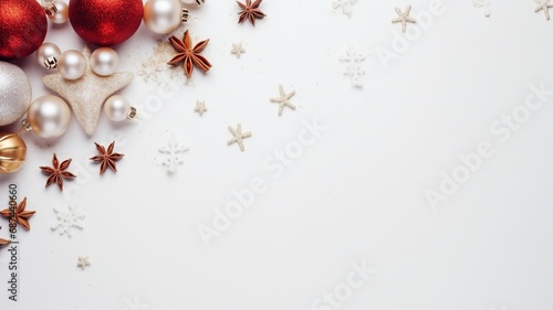bright flat lay stock Christmas photo with copy space, realistic lighting, photorealistic made by generative ai