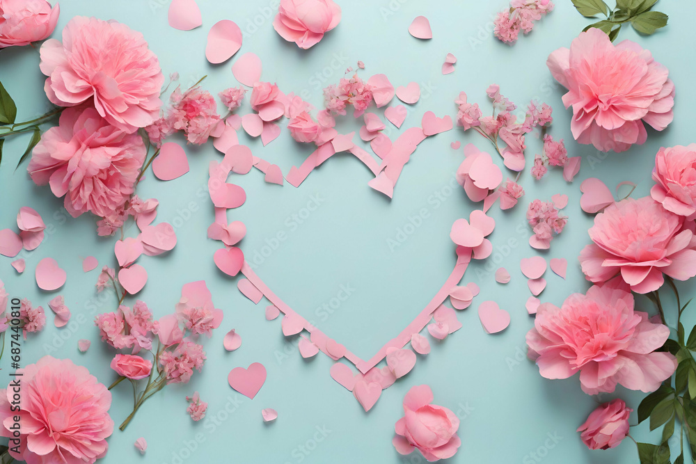 Creative layout with pink flowers, paper heart over punchy pastel background