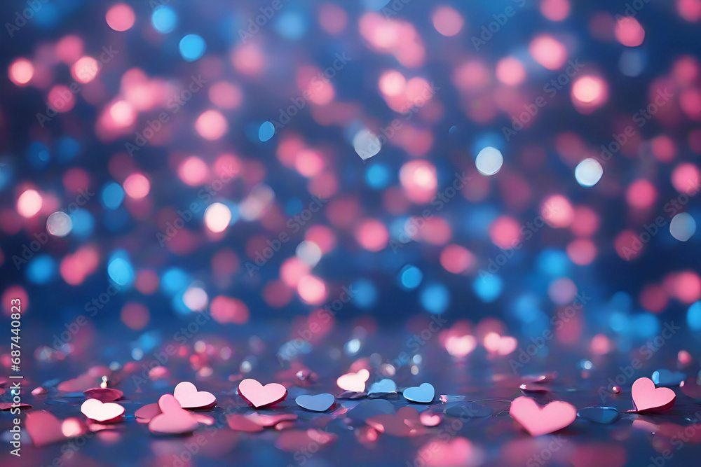 blue and pink background with hearts and bokeh
