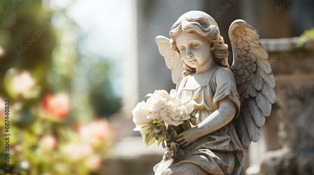 Stone angel with flowers in a cemetery Stone angel with flowers in a cemetery
