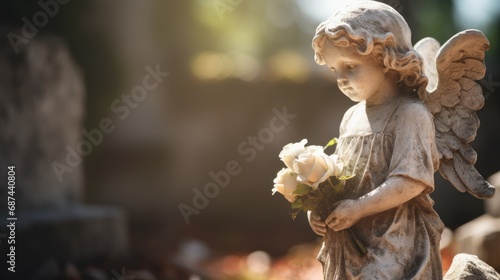 Stone angel with flowers in a cemetery photo