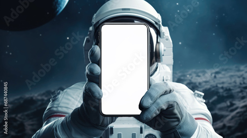 Astronaut holding mobile phone mockup	
 photo