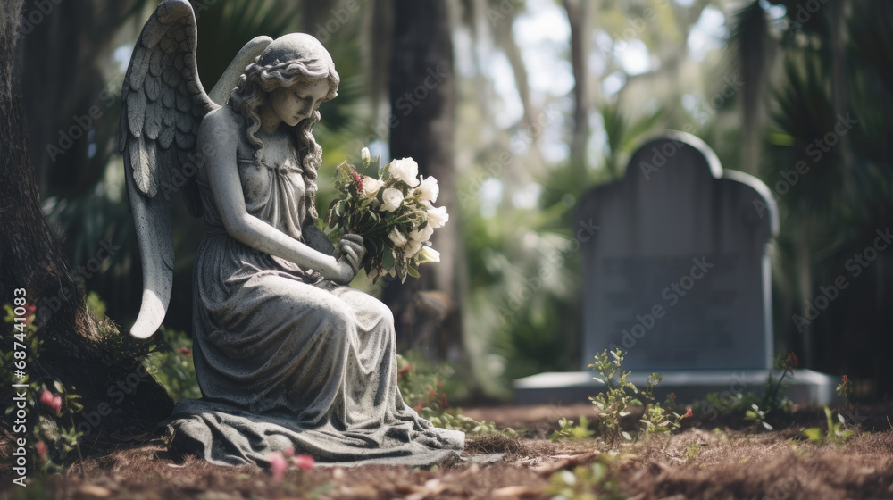 Stone angel with flowers in a cemetery - obrazy, fototapety, plakaty 