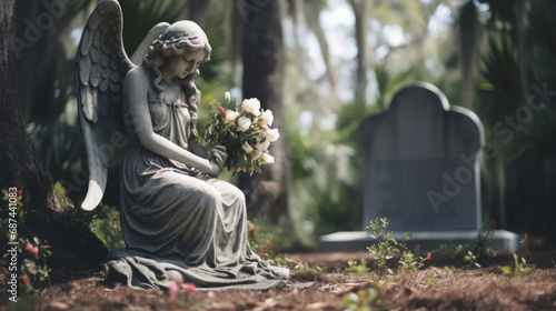 Stone angel with flowers in a cemetery photo