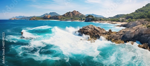Aerial view of large waves crashing on rocky shores, revealing Mallorca's dynamic turquoise coastline.