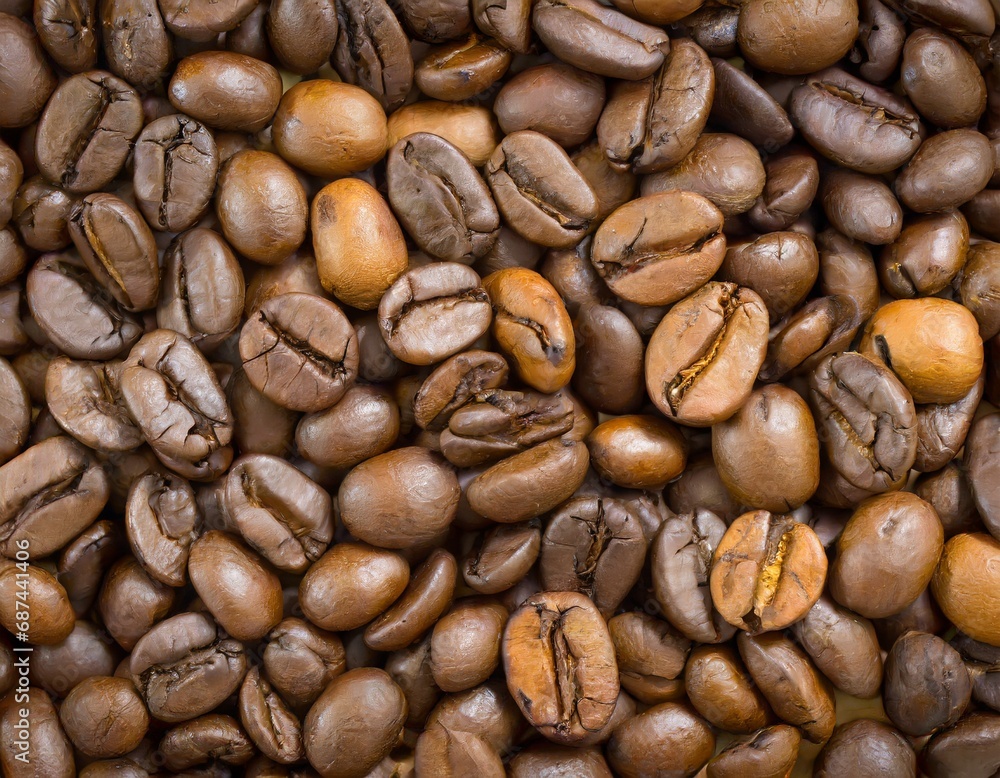 Close up of a bunch of coffee beans background top view; roasted dark brown coffe seeds Close up of a bunch of coffee beans background top view; roasted dark brown coffe seeds