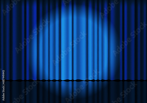 Blue curtain background. Spotlight on stage curtain. Theatrical drapes. Wavy velvet background.