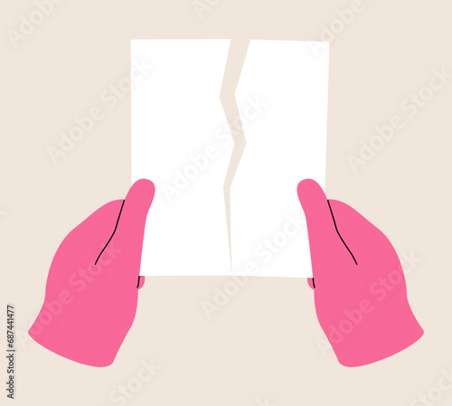 Hands tearing apart a blank sheet of paper. Colorful vector illustration