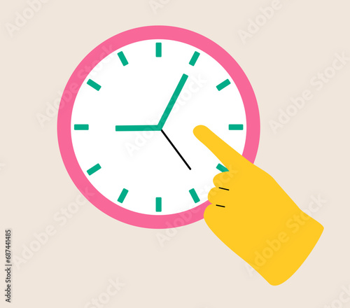 Hand with clock. Fast time stop watch, limited offer, deadline symbol. Colorful vector illustration