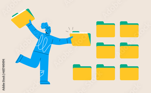 Woman search a document or file in catalog folder. Colorful vector illustration
