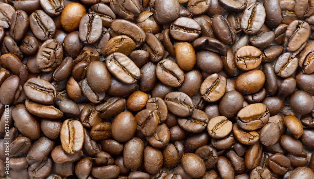 Fototapeta premium Close up of a bunch of coffee beans background top view; roasted dark brown coffe seeds
