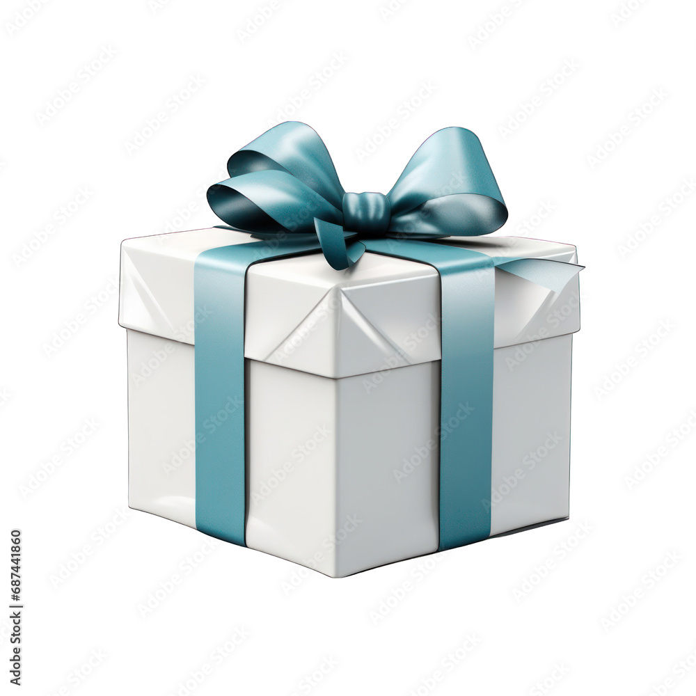 White Gift Box with Blue Bow Isolated on Transparent or White Background, PNG White Gift Box with Blue Bow Isolated on Transparent or White Background, PNG