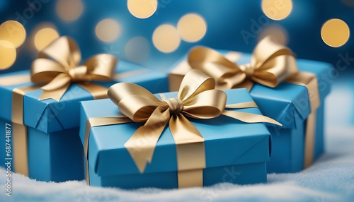 Blue gift boxes with gold bow on blue defocused holiday background. Ai Generative