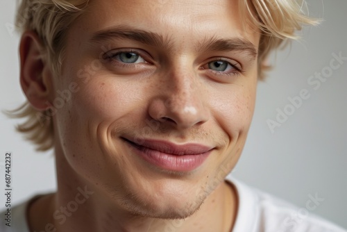 A close-up portrait of a handsome smiling blond man with blue eyes, expressive cheekbones, plump lips wearing a white T-shirt and looking at the camera on a gray background.