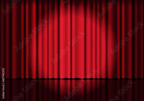 Red curtain background. Spotlight on stage curtain. Theatrical drapes. Wavy velvet background.
