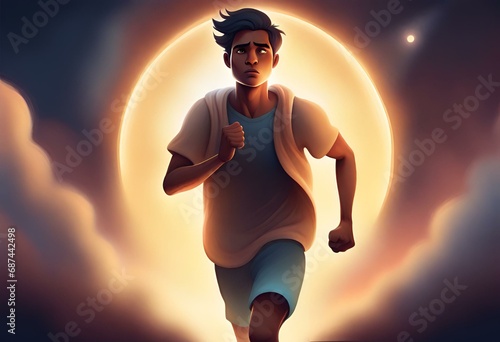 Boy running toward his destiny dreamy background photo