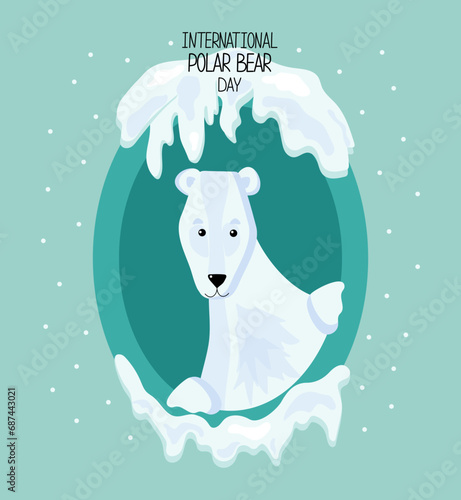 Cartoon polar bear in a frame. Arctic animal. International Polar Bear Day, signed card. Snow winter. Hand lettering. Vector illustration with isolated background.