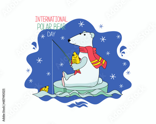 Polar Bear Day. Cartoon polar bear catches fish. A polar bear sits on an ice floe with a fishing rod and holds a fish. Christmas, winter, signed card. Hand lettering. Vector illustration