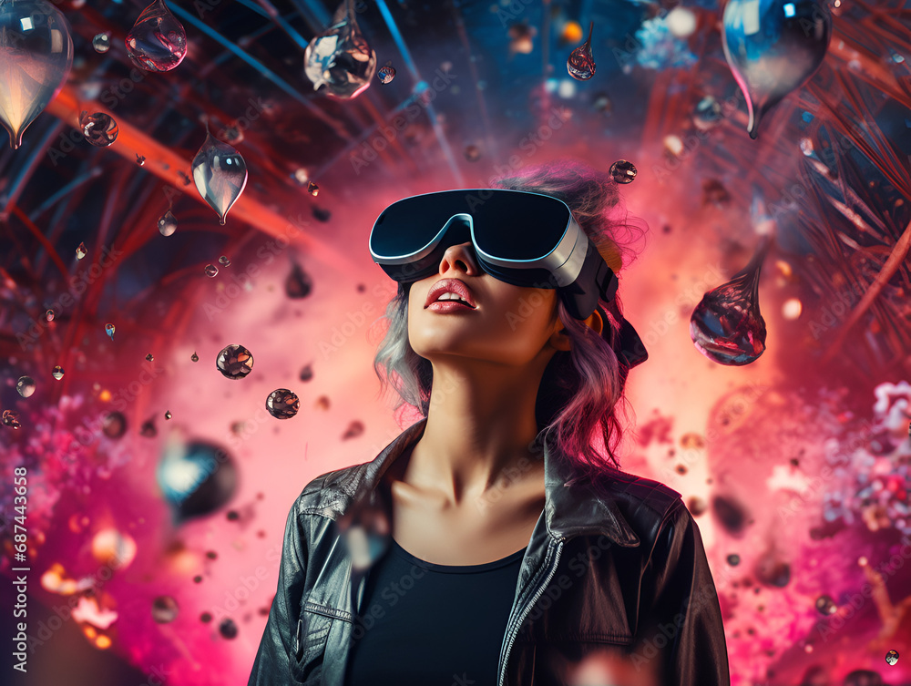 woman with vr glasses experiencing metaverse woman with vr glasses experiencing metaverse