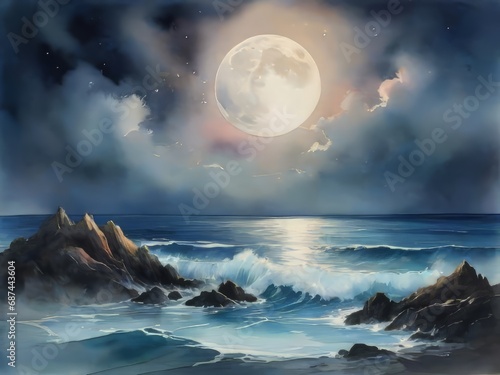 Una versión única de un paisaje marino iluminado por la luna, con acuarelas vibrantes que crean una atmósfera surrealista