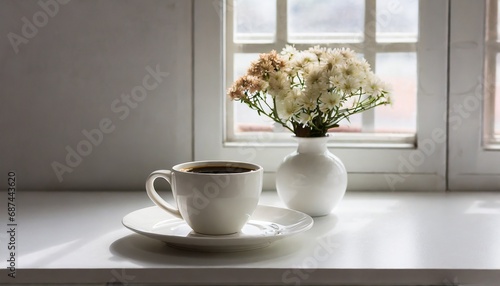 Cup of coffee on a white plate and a vase of flower beside a window in white interior with natural light