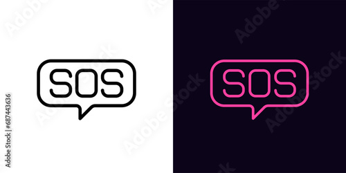 Outline SOS icon, with editable stroke. Emergency call, bubble message with text SOS. Signal SOS for rescue service, distress alert and crush, need help. Emergency and hotline service. Vector icon