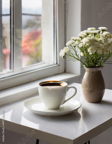 Cup of coffee on a white plate and a vase of flower beside a window in white interior with natural light
