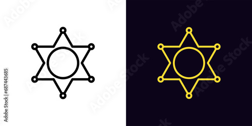Outline sheriff star icon, with editable stroke. Sheriff badge, police department and officer sign, law star. Gaming cowboy western, Wild West. Wanted star, game pursuit and chasing. Vector icon photo