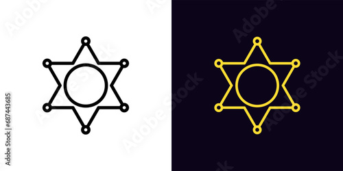 Outline sheriff star icon, with editable stroke. Sheriff badge, police department and officer sign, law star. Gaming cowboy western, Wild West. Wanted star, game pursuit and chasing. Vector icon