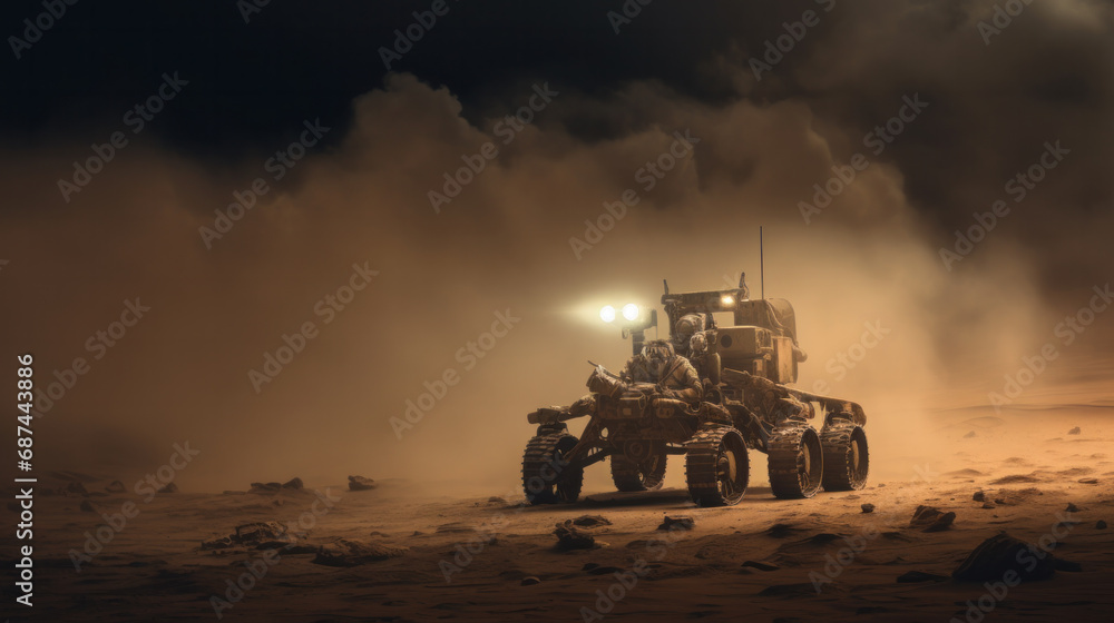 Fototapeta premium Lunar rover moves quickly, kicking up dust on the surface of the moon or another planet.