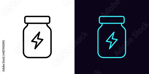 Outline energy supplement icon, with editable stroke. Bottle with lightning sign, sport nutrition. Energetic supplement for strength, speed and stamina. Sport medicine, bottle with pills. Vector icon