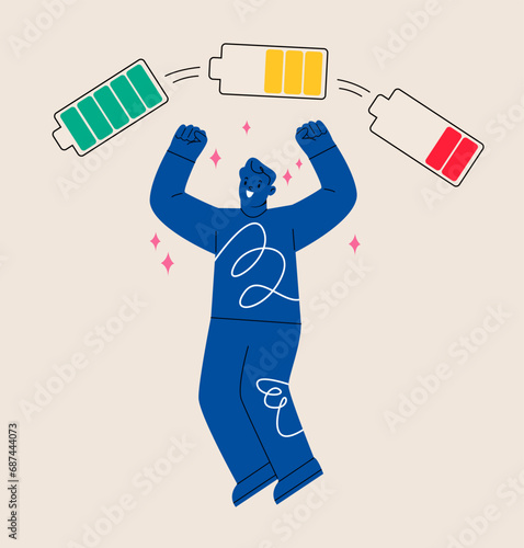 Man with a high level of life battery charge indicator. Human energy boost concept. Colorful vector illustration