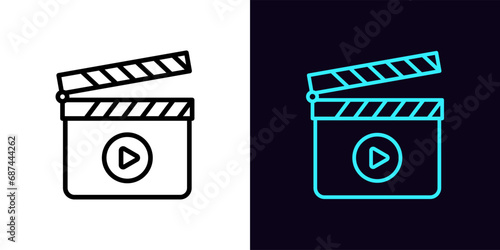 Outline clapperboard icon, with editable stroke. Clapper board with play sign. Cinema editor, video production, movie shooting, music clip recording. Filmmaking studio, multimedia editor. Vector icon photo