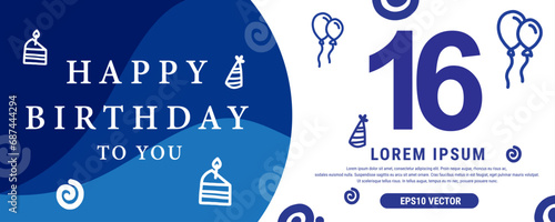 16 year celebration Creative Happy Birthday Text. Blue color decorative banner design, Vector illustration.